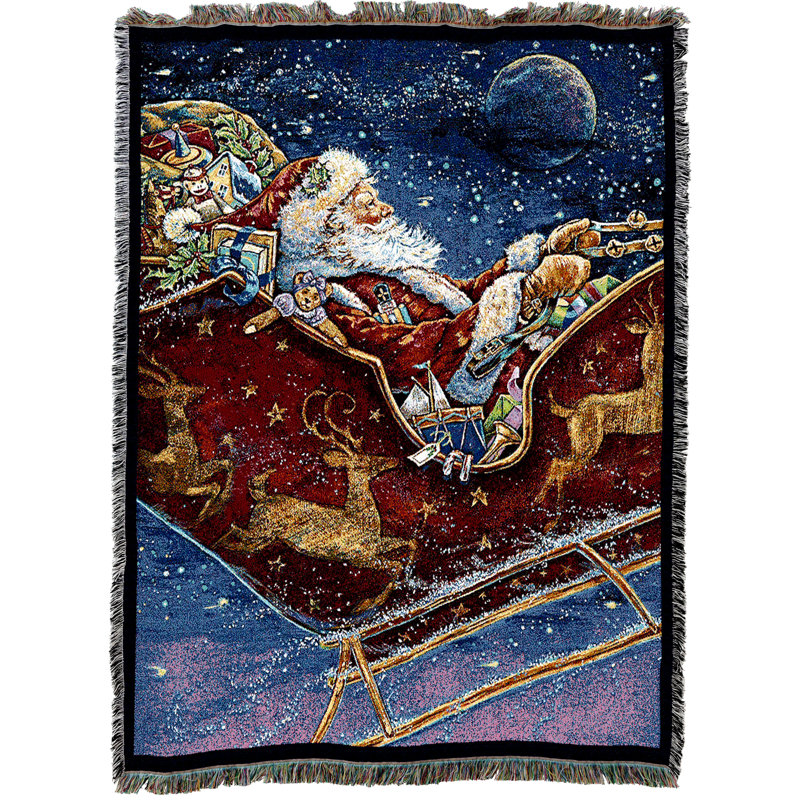 Couverture Pure Christmas Weavers Christmas Midnight Ride par Donna Race - traîneau du Père Noël Saint-Nicolas Nick Kris Kringle - jeté en coton tissé - fabriqué aux États-Unis (72 x 54)