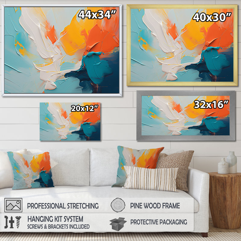 «Blue and Orange Paint Expression 2», art mural abstrait, Toile tendue, H 12 po x l 20 po x P 1 po