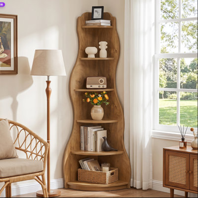 Modern Wavy Corner Bookshelf, 6-Tier Corner Shelf, 68.9-Inch Tall Display Bookcase for Living Room