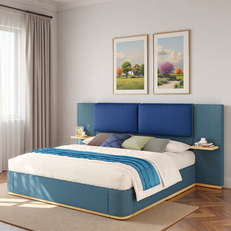 Lit plateforme tapissier avec tablettes, Bleu, Grand lit