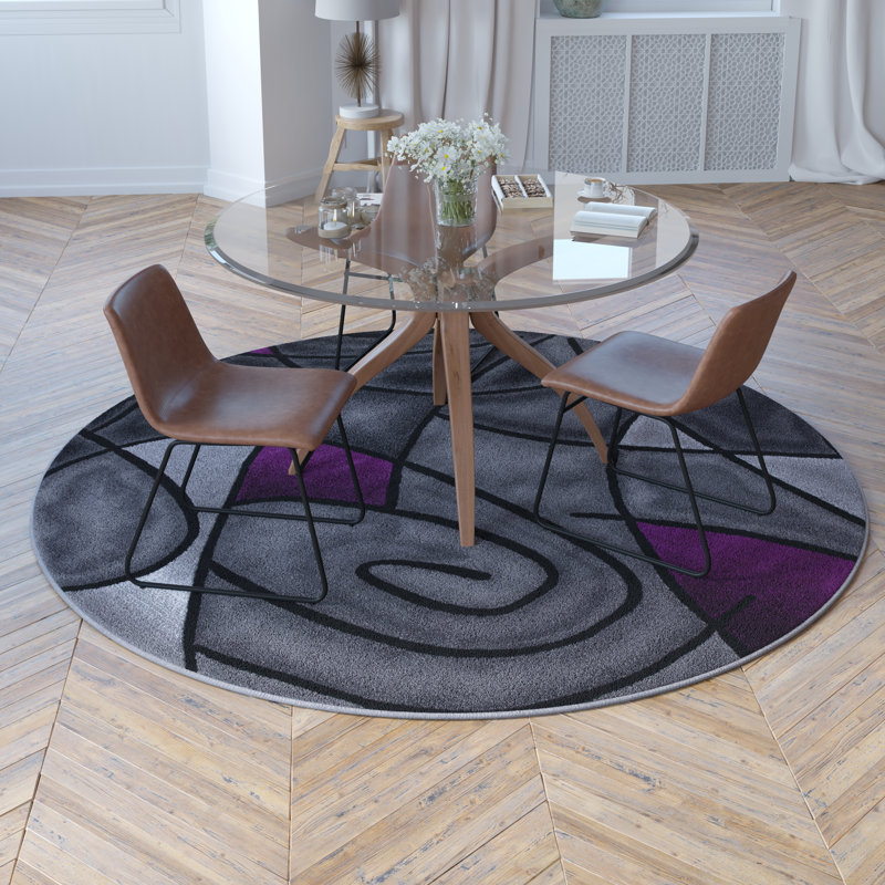 Round 7' Purple and Gray Abstract Synthetic Area Rug