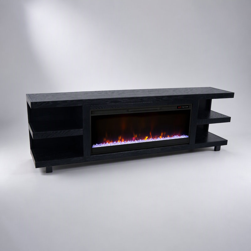 Meuble télé moderne avec foyer électrique, chauffage réglable et étagères ouvertes spacieuses pour grands téléviseurs.