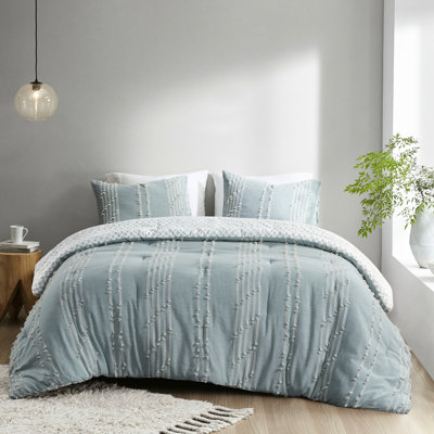 Ensemble de literie en coton 3 pièces pour grand lit - rayures brodées et encre de qualité + édredon ivy double / grand avec texture respirante