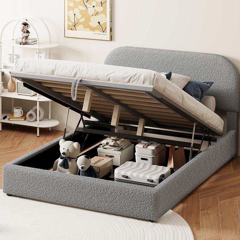 Charmant lit plateforme tapissier avec système de rangement hydraulique - gris élégant