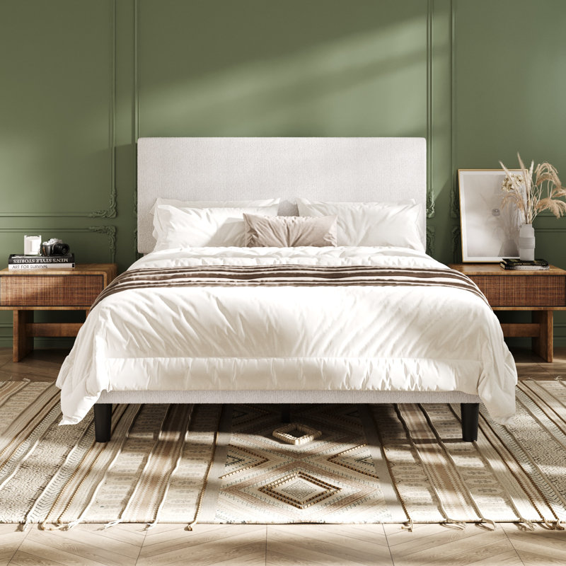 Structure de lit tapissier moderne avec tête de lit ajustable, tissu bouclé texturé, Lit double, Blanc