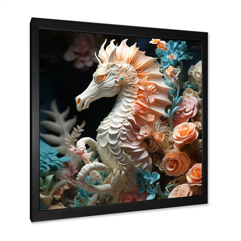 Hippocampe avec sanctuaire de fleurs - impression, H 24 po x l 24 po x P 1 po, Cadre simple noir