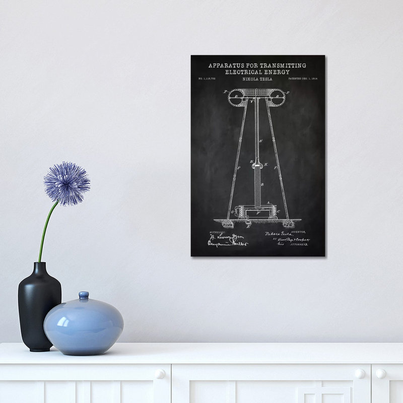Tesla Apparatus For Transmitting Electrical Energy, Black by PatentPrintStore - Wrapped Canvas Print, 20.32 cm H x 30.48 cm W