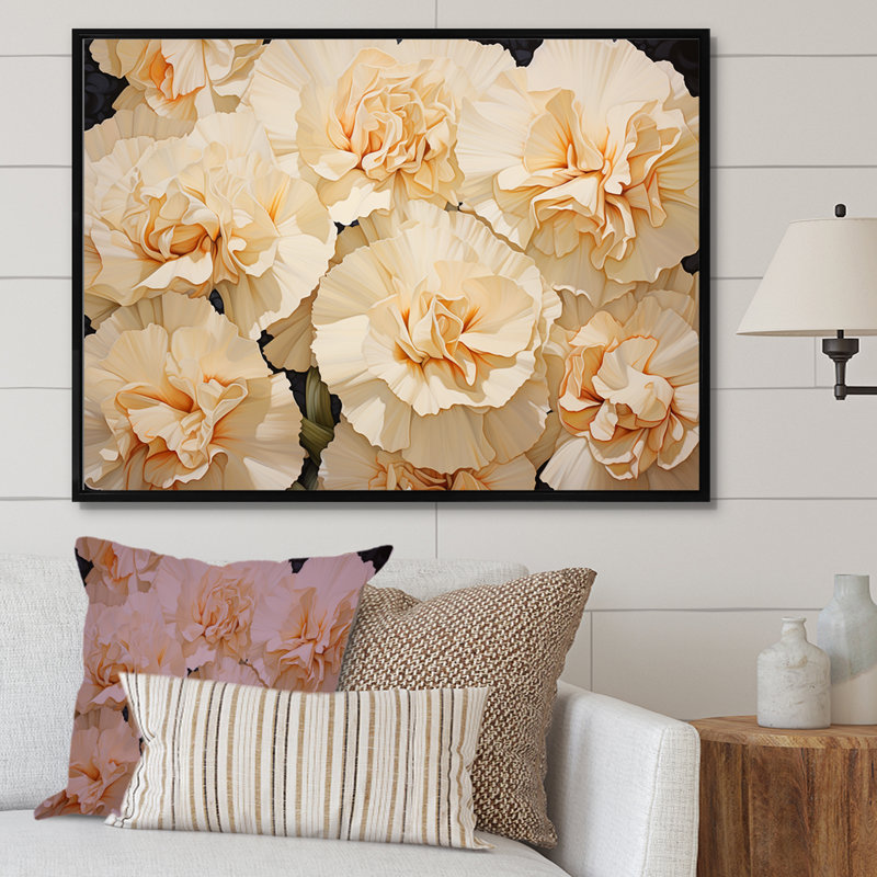 Arrangement d'œillets beiges sur toile, H 24 po x l 32 po x P 1 po, Cadre flottant noir