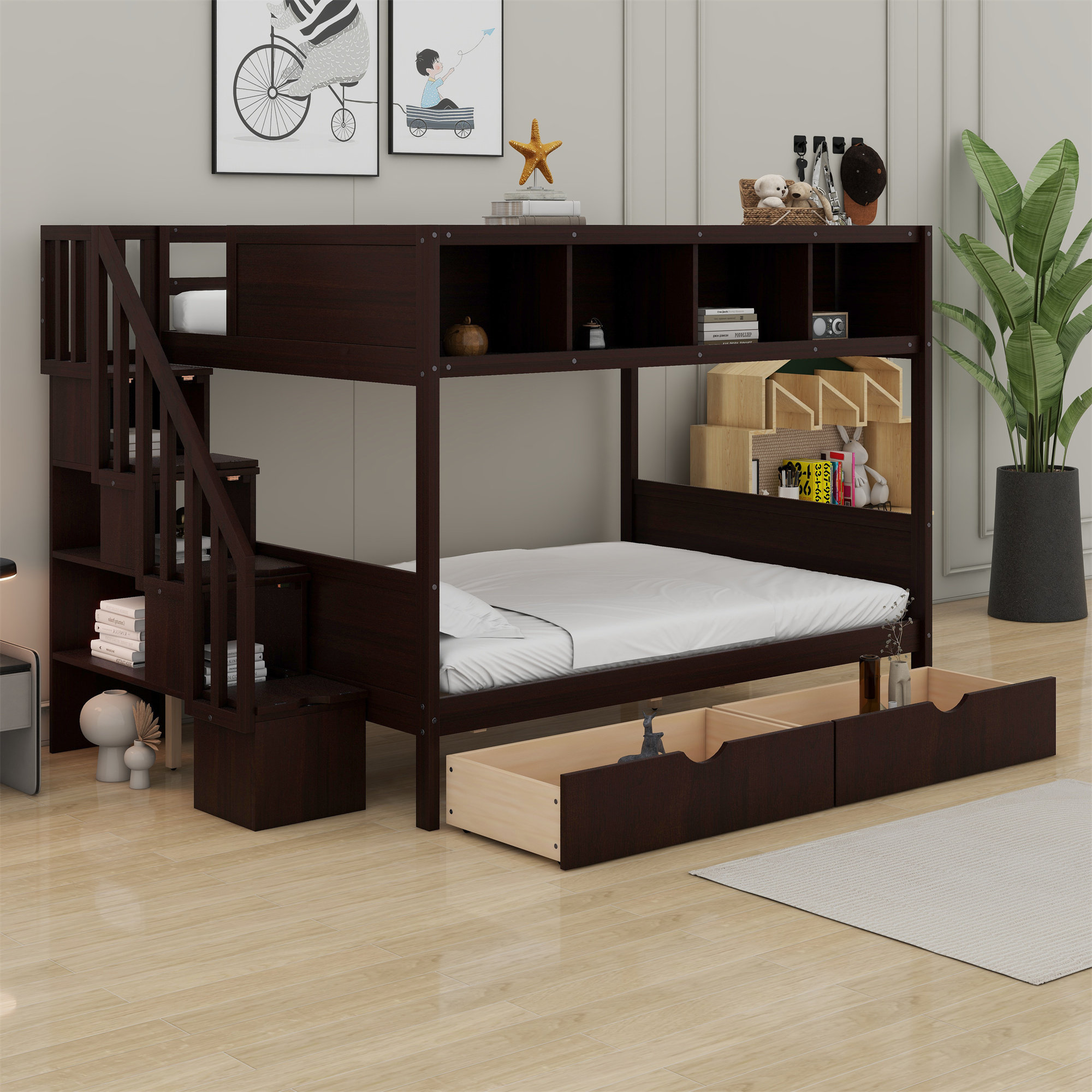 Harriet Bee Bunk Bed With Shelfs, Storage Staircase And 2 Drawers ...