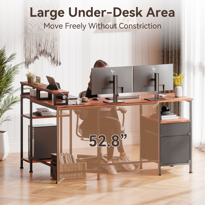 66 in. L-Shaped Computer Desk with 2 Monitor Stand, Power Outlet, Cabinet Gaming Desk Metal Base with Drawers Writing desk for Home Office