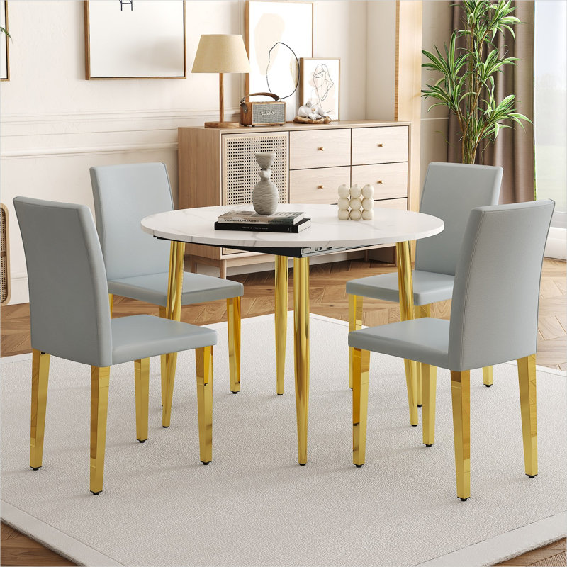 Table de salle à manger extensible ronde en bois aggloméré avec 4 chaises en polyuréthane gris, finition blanche et dorée, conversion ovale