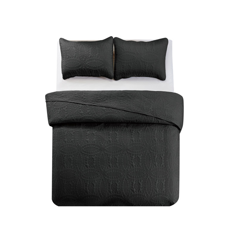 Ensemble de couvre-lit 3 pièces à motif floral réversible, Noir, Couvre-lit de très grande taille et 2 taies déco
