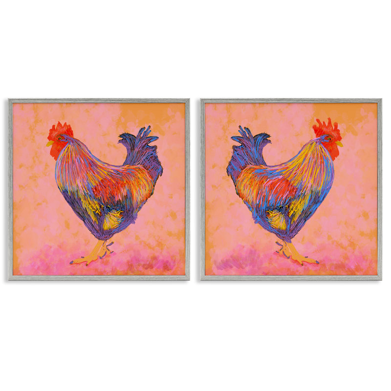 Coq avec des tons chauds, ensemble de 2 estampes numériques, design par Dina Riddle, H 12 po x l 12 po