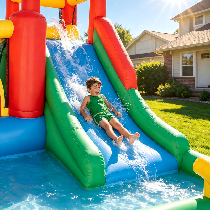 Jeu gonflable avec glissade d'eau pour enfants Outsunny 6-en-1, château avec piscine, canon à eau, mur d'escalade et gonfleur inclus