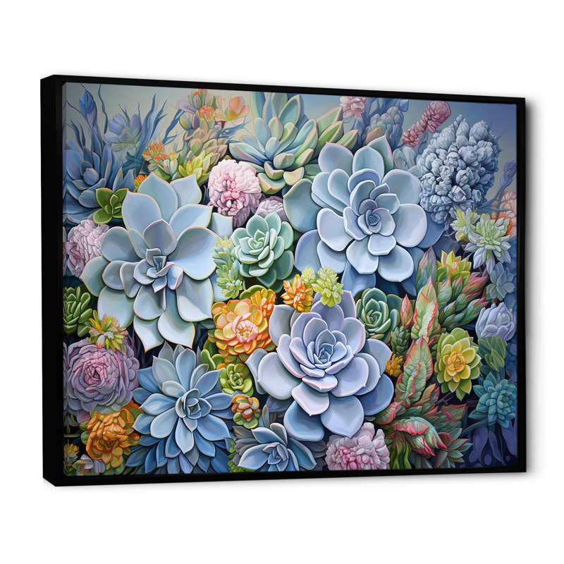 «Blue Succulent Dessert Charm» sur toile, Cadre flottant noir, 12" H x 20" W