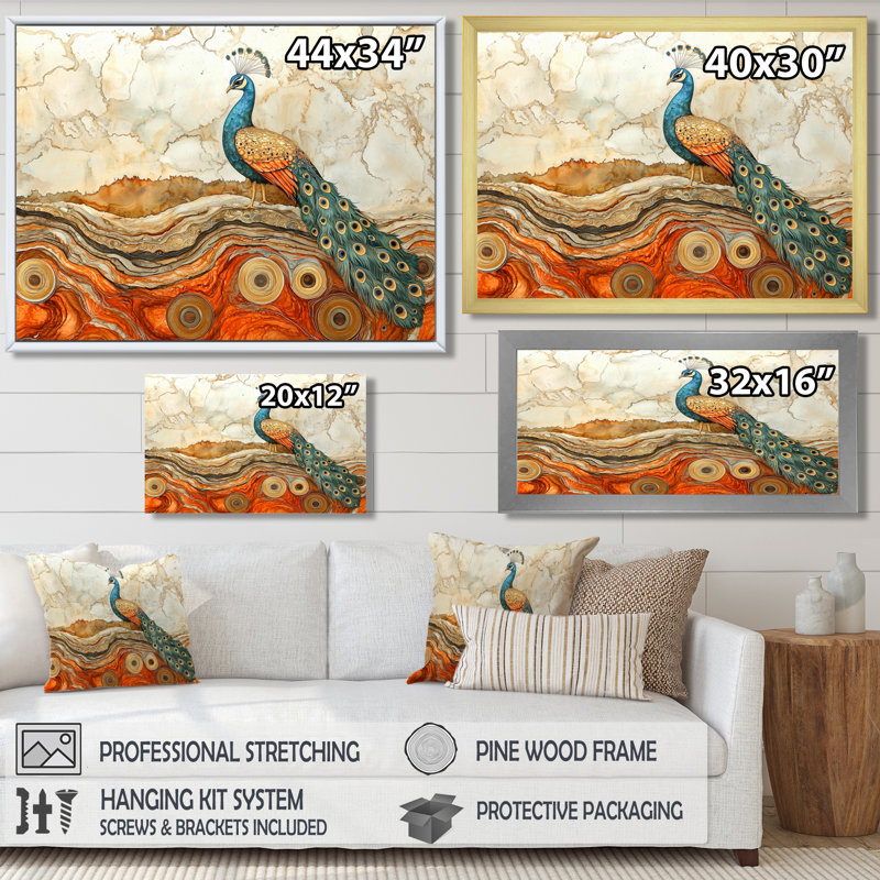 «Hanning Colorfull Peacock In Autumn Landscape II», art mural paon, H 30 po x l 40 po, Impression encadrée flottante