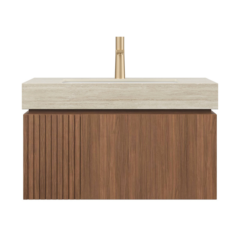 Meuble-lavabo mural de 30 po avec lavabo, armoire de rangement murale en contreplaqué avec porte de tiroir, comptoir en pierre frittée à motif de travertin avec lavabo, pré-assemblé