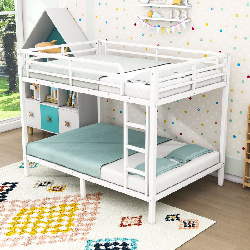 Metal Bunk Bed With Guardrails And Ladder, White, Full XL Over Full XL