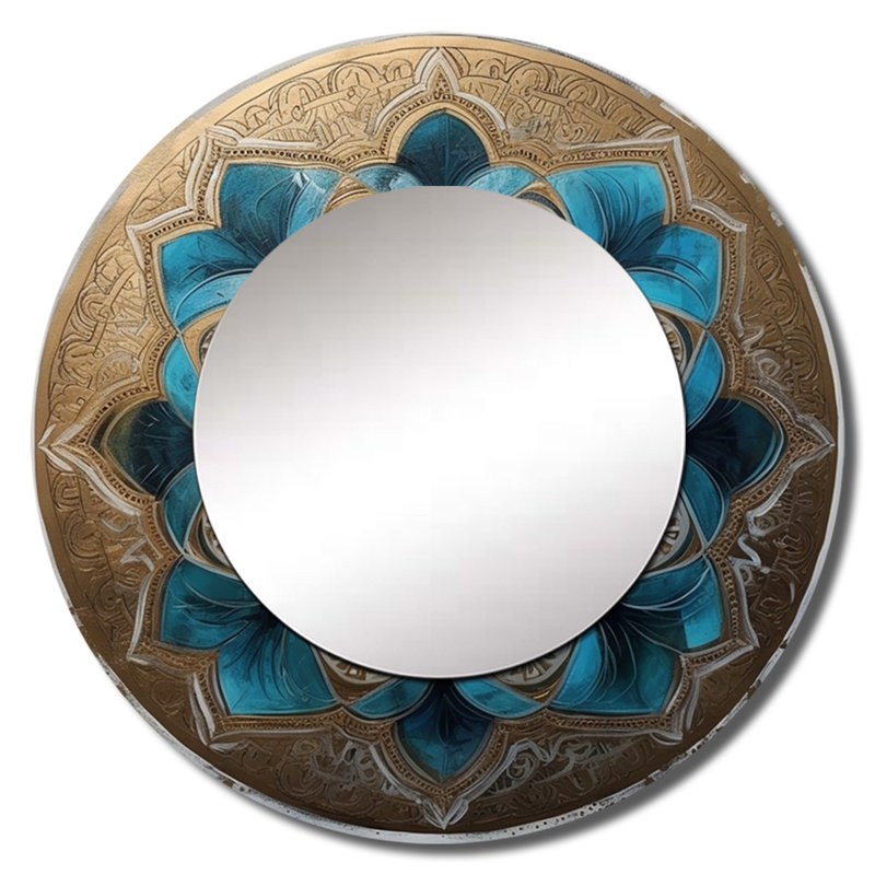 Peteris bleu et or Mandala III - miroir boho mandala, miroir mural rond bleu, 36 po x 36 po