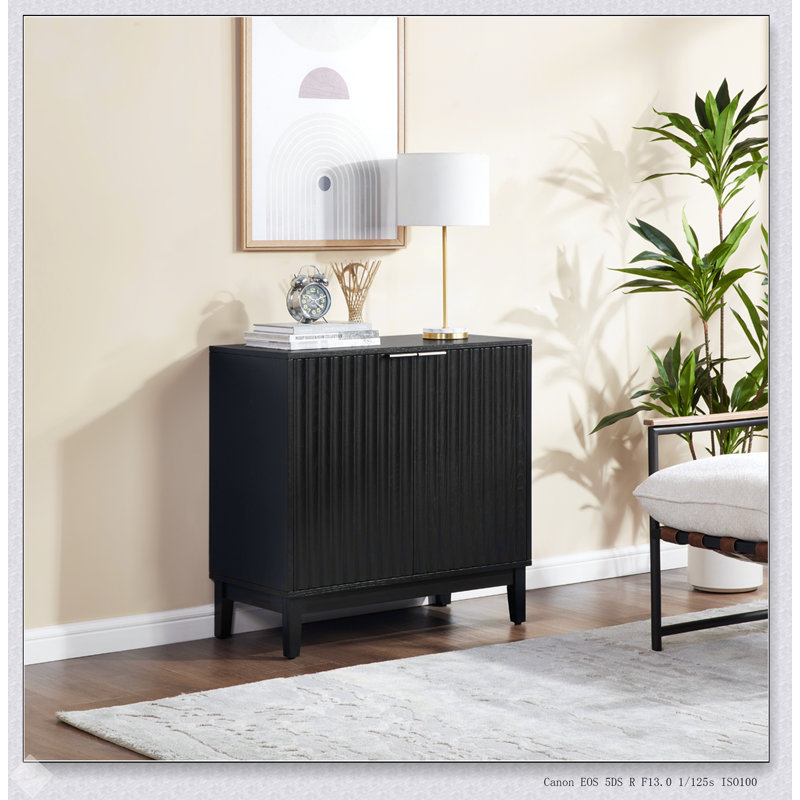 Mid-Century Modern 2 Door Storage Cabinet With Fluted Doors And Brass Handles, Perfect For Organized And Stylish Living.