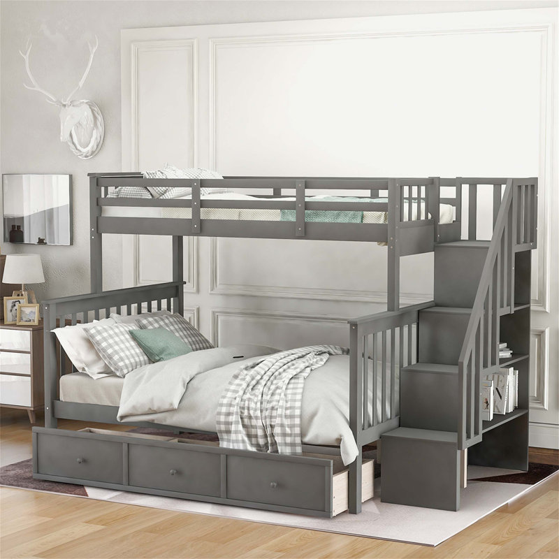 Versatile Stairway Bunk Bed with Drawer Storage and Guard Rail, Ideal for Families and Sleepovers, Ensuring Comfort and Organization.