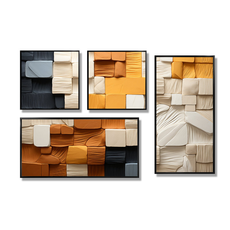 Cubic jaune et gris fibre II - art mural moderne 4 pièces, Impression encadrée sans passe-partout, Noir