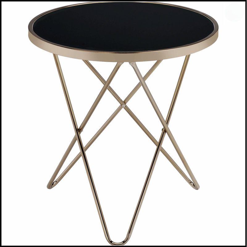 Table de bout Mid-Century moderne avec plateau en verre noir et cadre champagne