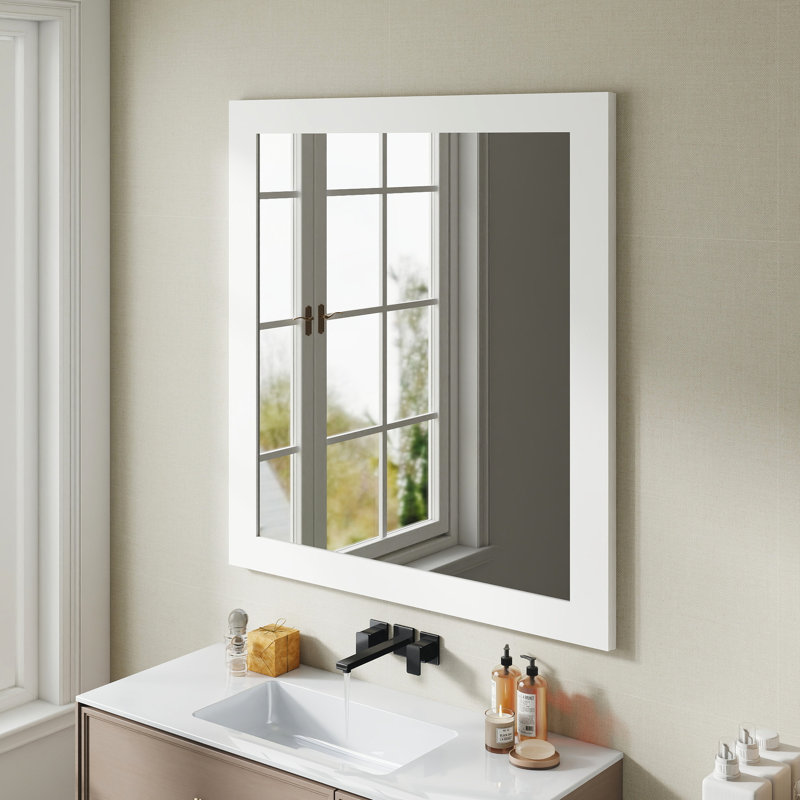 32-Inch Square Matte White Bathroom Mirror, Distinctive Design And Hassle- Installation Easy
