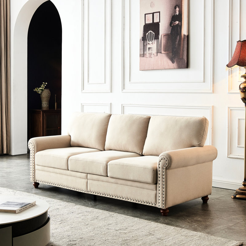 Rangement confortable en lin beige: pieds en bois massif, structure en métal, coussin épais de 7 pouces pour un confort accru, revêtu de lin, avec rangement spacieux: coussins, assemblage facile