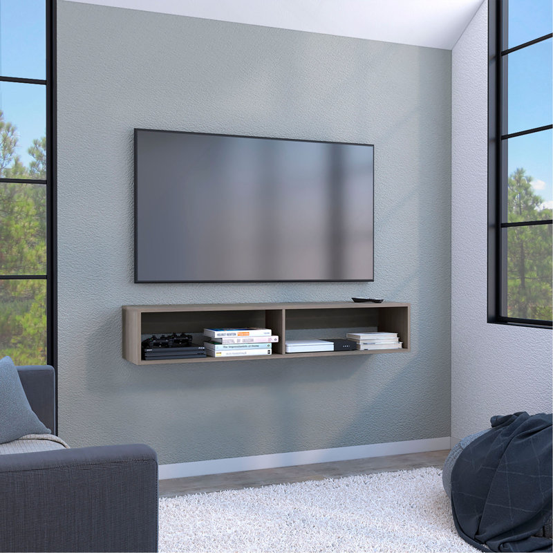 Meuble télé 59 po avec deux tablettes ouvertes, compartiments multimédia et gestion des câbles