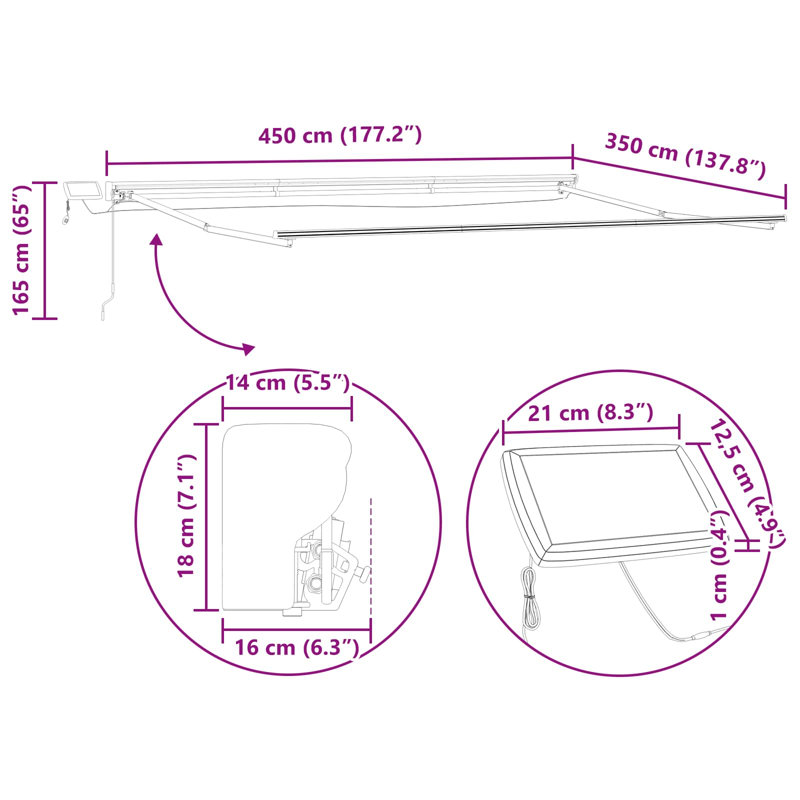 VidaXL Polyester Cover Retractable Patio Awning, 165cm H x 450cm W x 350cm D, Yellow/Grey, Striped