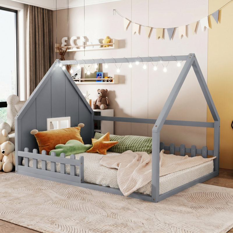 Lit simple superposé au dessus d'un lit double avec échelle, 2 tiroirs de rangement et garde-corps blanc, Gris
