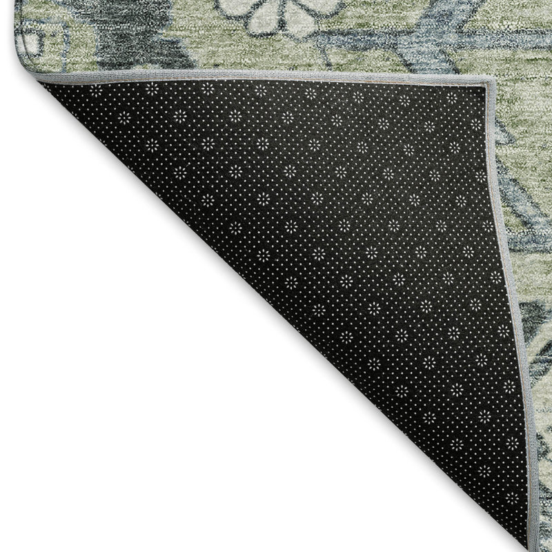 Premium Washable Green and Gray Synthetic Rectangular Rug