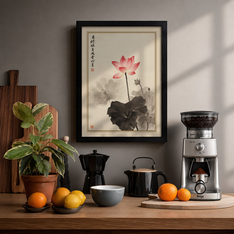 Lotus in Bloom Japandi - Framed Print, Black, A4 - 29.7 x 21.0 cm