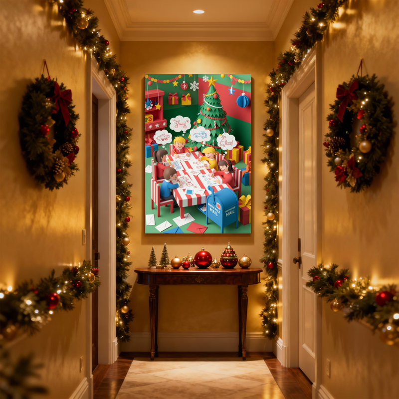 Enfants de Noël écrivant des lettres, décorations d'arbre de Noël, ensemble de 3 impressions d'art sur toile