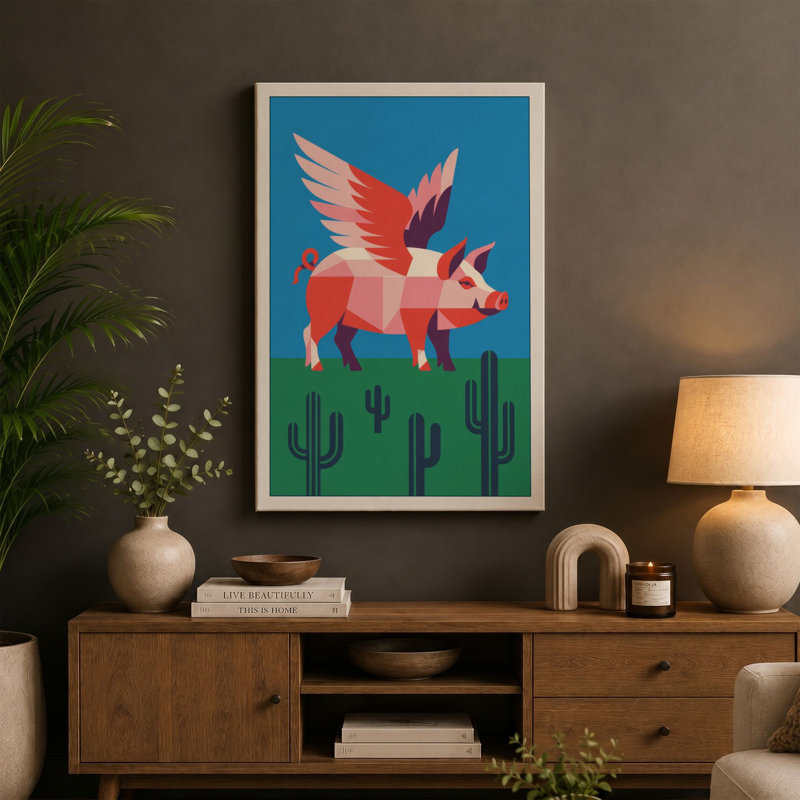 Desert Pig Takes Flight Modern - Wrapped Canvas, 36x24 - 91.4 x 61.0 cm, Sage Border