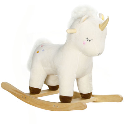 Qaba Rocking Horse, Plush Ride On Unicorn With Realistic Sound, Wooden Base, Toddler Rocking Horse For 2-4 Years, White