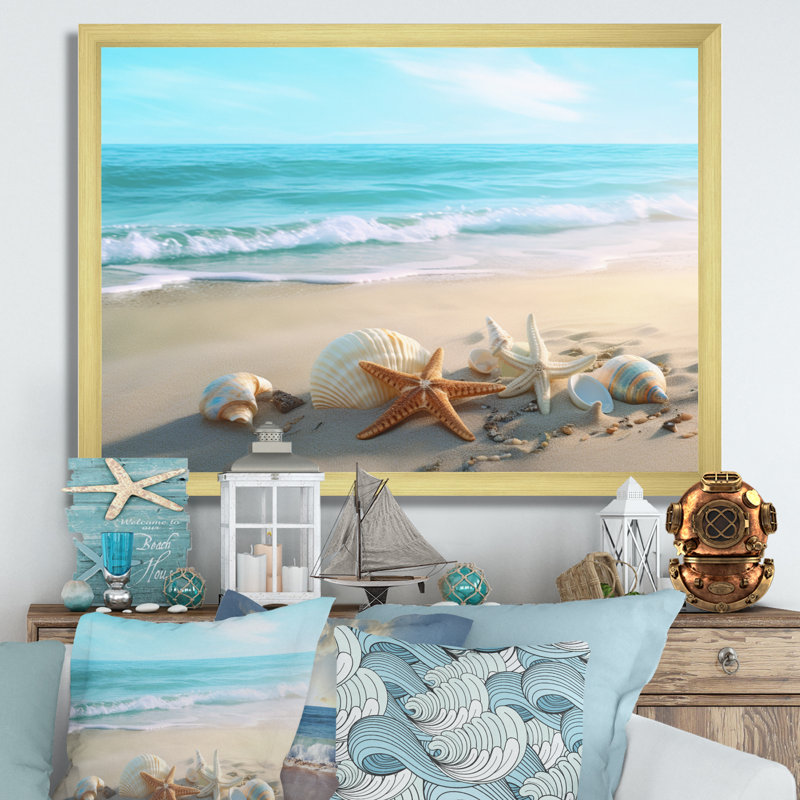 Bord de mer côtier - plage moderne, art mural, Cadre doré, H 30 po x l 40 po x P 1,5 po