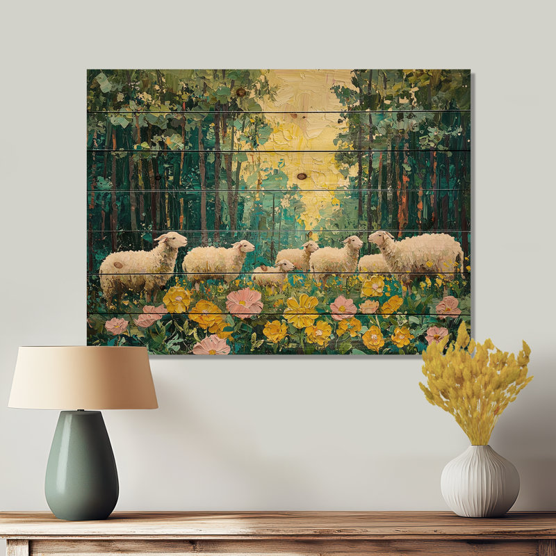 Mignon mouton au printemps fleurs I - décoration murale en bois de mouton - sur bois de pin naturel
