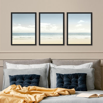 «Coastal Beach» IDÉE4WALL, art mural encadré «Beach Shore Horizon», ensemble de 3 impressions de ciel nuageux sur une île tropicale, décor mural nature sauvage pour salon, chambre à coucher, 3 pièces