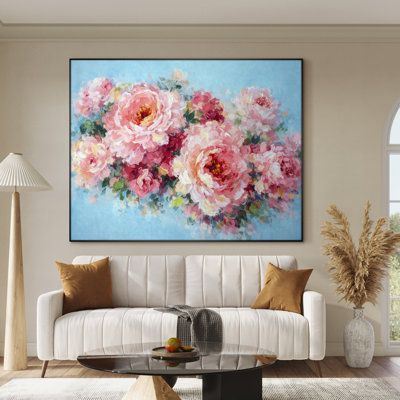 Très grande reproduction d'art sur tissu - Bouquet de pivoines roses, décor de chambre à coucher de chalet - «Assemblage requis (cadre non fini)»