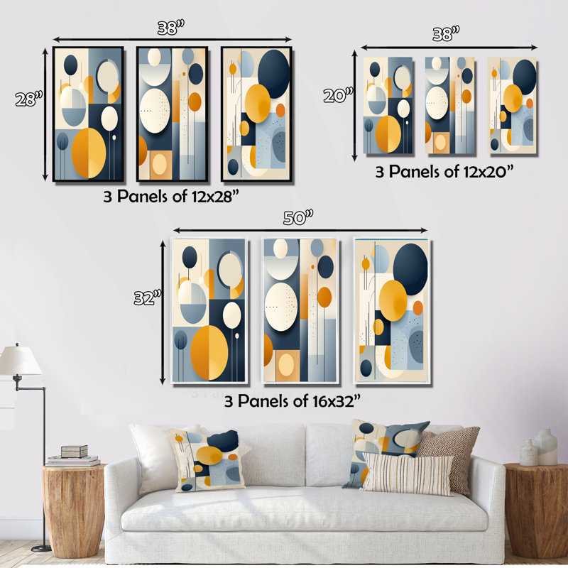 Ensemble de 3 imprimés géométriques circulaires en jaune et bleu I, Cadre flottant blanc, H 32 po x l 48 po