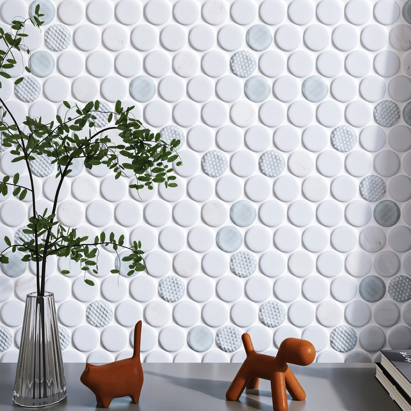 Fusion Dot 11'' X 11.75'' Penny round Marble Look Mosaic Wall Tile, White