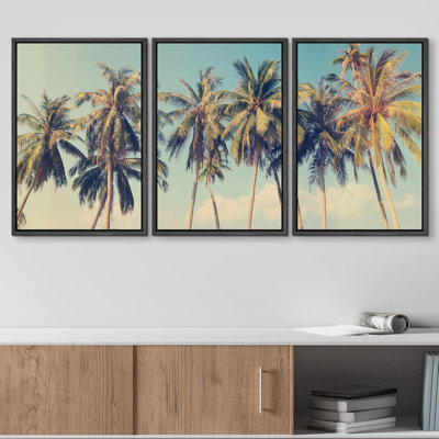 Vintage Tropical Palm Trees On A Beach - 3 Piece Wrapped Canvas Print