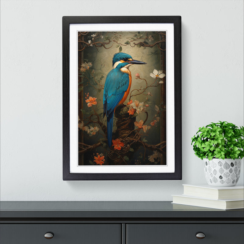 Kingfisher Victorian No.2 - Single Picture Frame Print on Wood, Black Framed, 34cm H x 25cm W