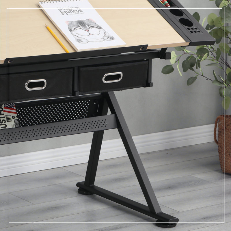 adjustable drawing drafting table desk with 2 drawers for home office and school with stool