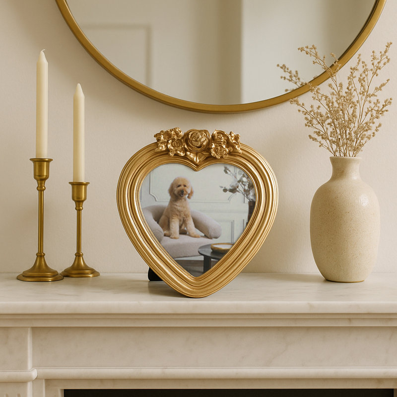 Mavin Heart Shape Photo Frame With Rose Detailing Top - Decorative Picture Frame For Entryway Display - Wall Decor Accent For Bedroom Styling - 7", Gold