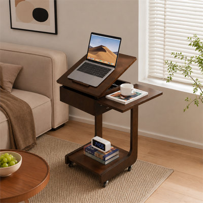 Table d'appoint à roulettes en bois massif en forme de C à finition noyer et support de table pliable réglable à 360 ° pour canapés, salons, chambres, bureaux
