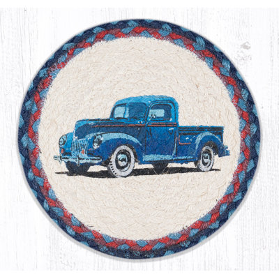  Trivet rond bleu à imprimé camion bleu - Jute chaude tressée à la main 10 po x 10 po, décor rustique campagnard