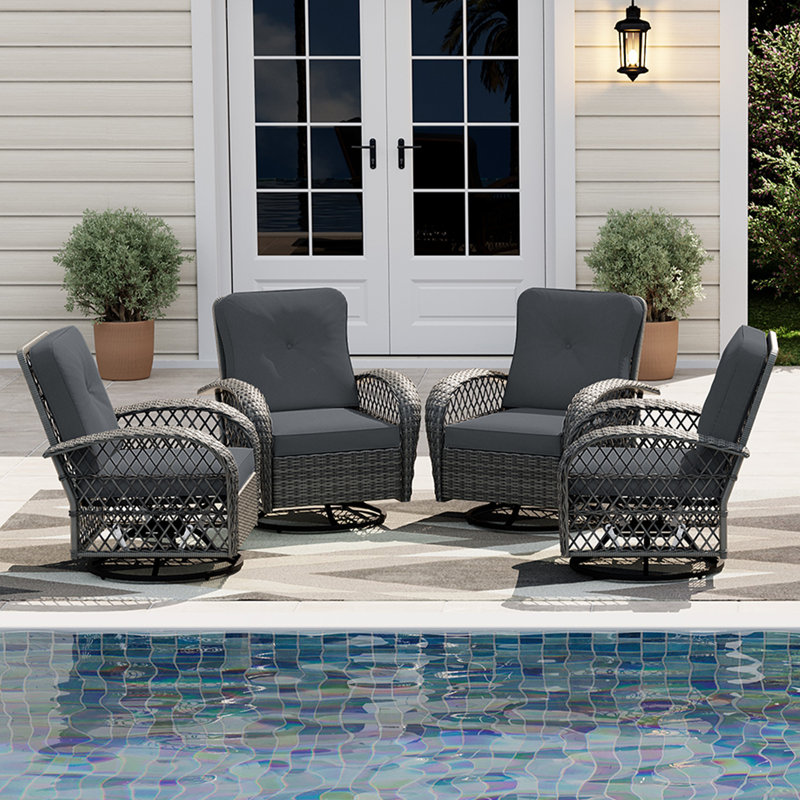  Ensemble de chaises berçantes et pivotantes en osier pour l'extérieur 4 pièces avec coussins, Gris foncé